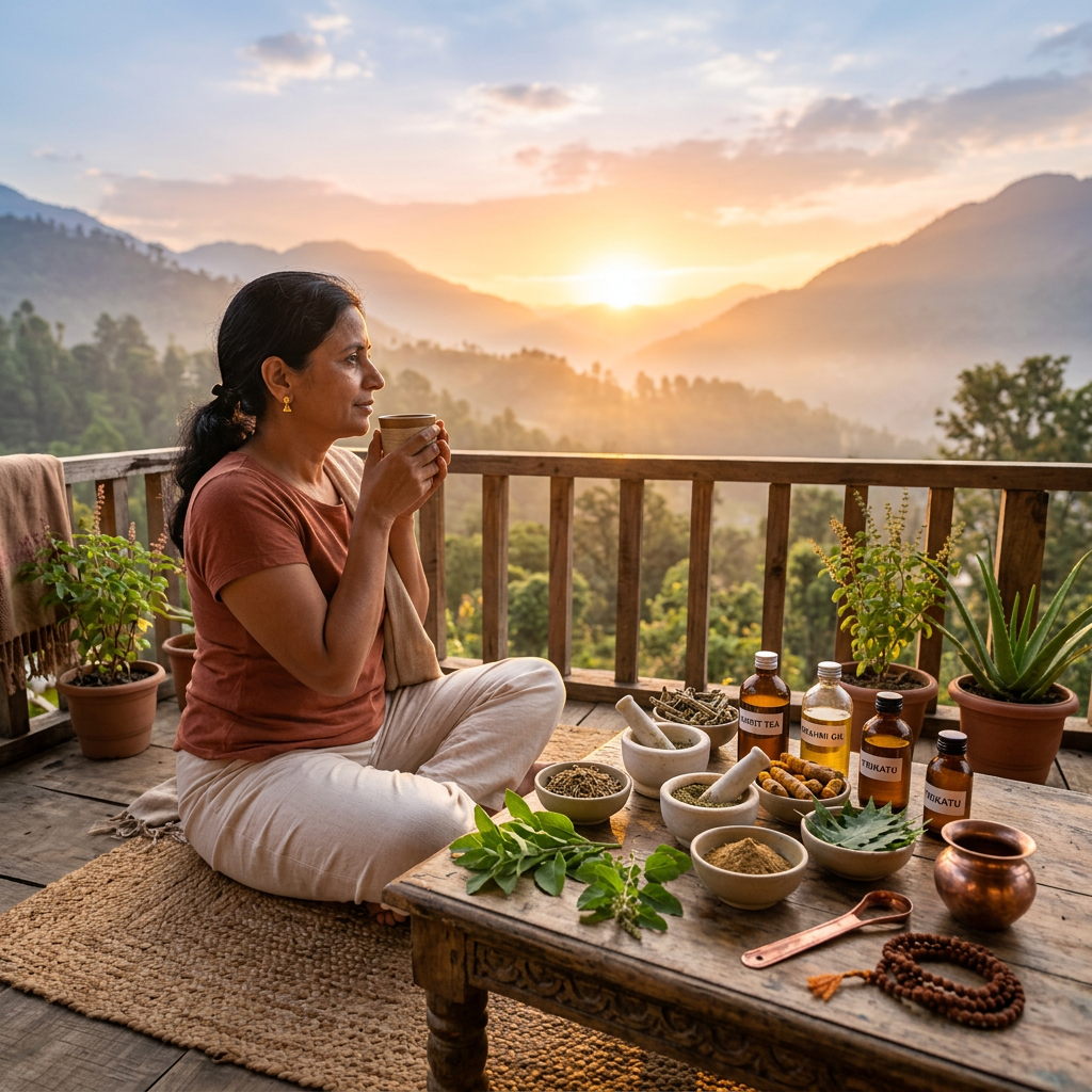 Woman sitting cross-legged on a wooden deck holding a cup of herbal tea with Ayurvedic herbs and bottles on a table at sunrise