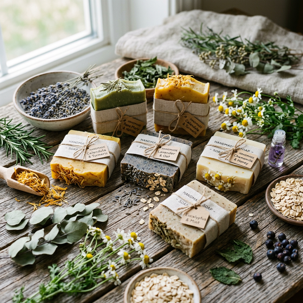 Seven bars of handmade soap labeled with natural ingredients surrounded by fresh herbs and dried flowers on a wooden surface